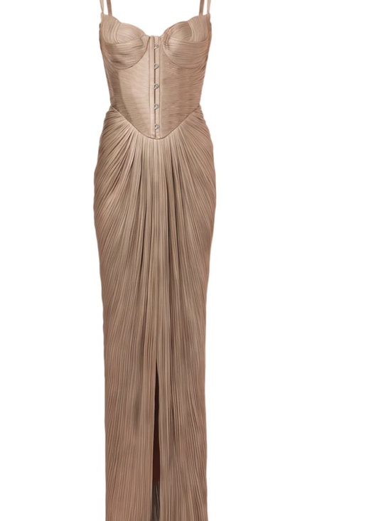 Miss Rosier Dresses & Skirts - NWT Miss Rosier Nicoletta Gold Glossy Pleated Corset Maxi Dress XS